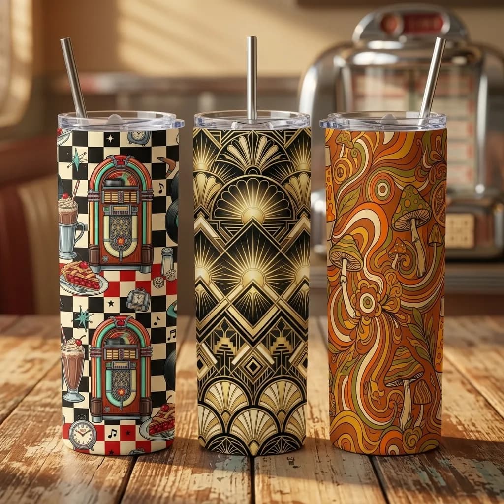 Vintage Retro Tumbler Wraps — 10 Designs